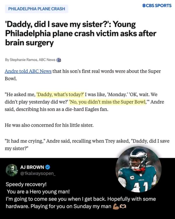 JUST IN: AJ Brown Sends Heartfelt Message to Young Eagles Fan Injured in Philly Plane Crash