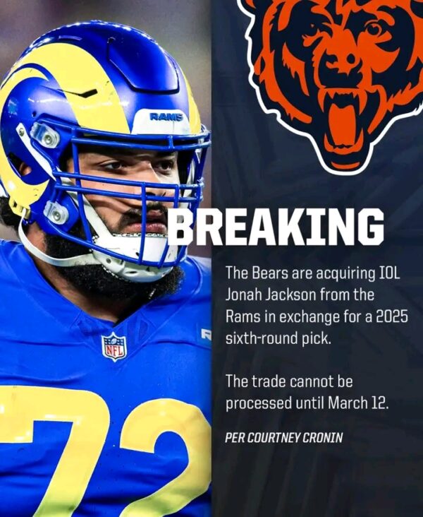 BREAKING NEWS: Chicago Bears have Acquired Guard Jonah Jackson from the Los Angeles Rams in Exchange for a sixth-Round Pick.